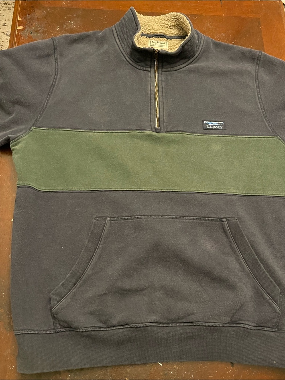 L.L.Bean Sherpa Lined Quarter Zip Sweatshirt Mens Large Pullover Fleece Navy Gre